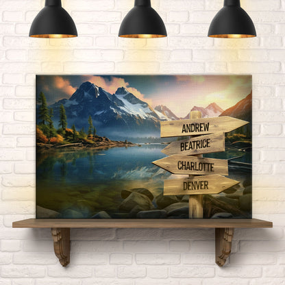 Mountain Sunrise family names sign on canvas by 4 name boards in mountain scene on Tampa Home & Garden Store