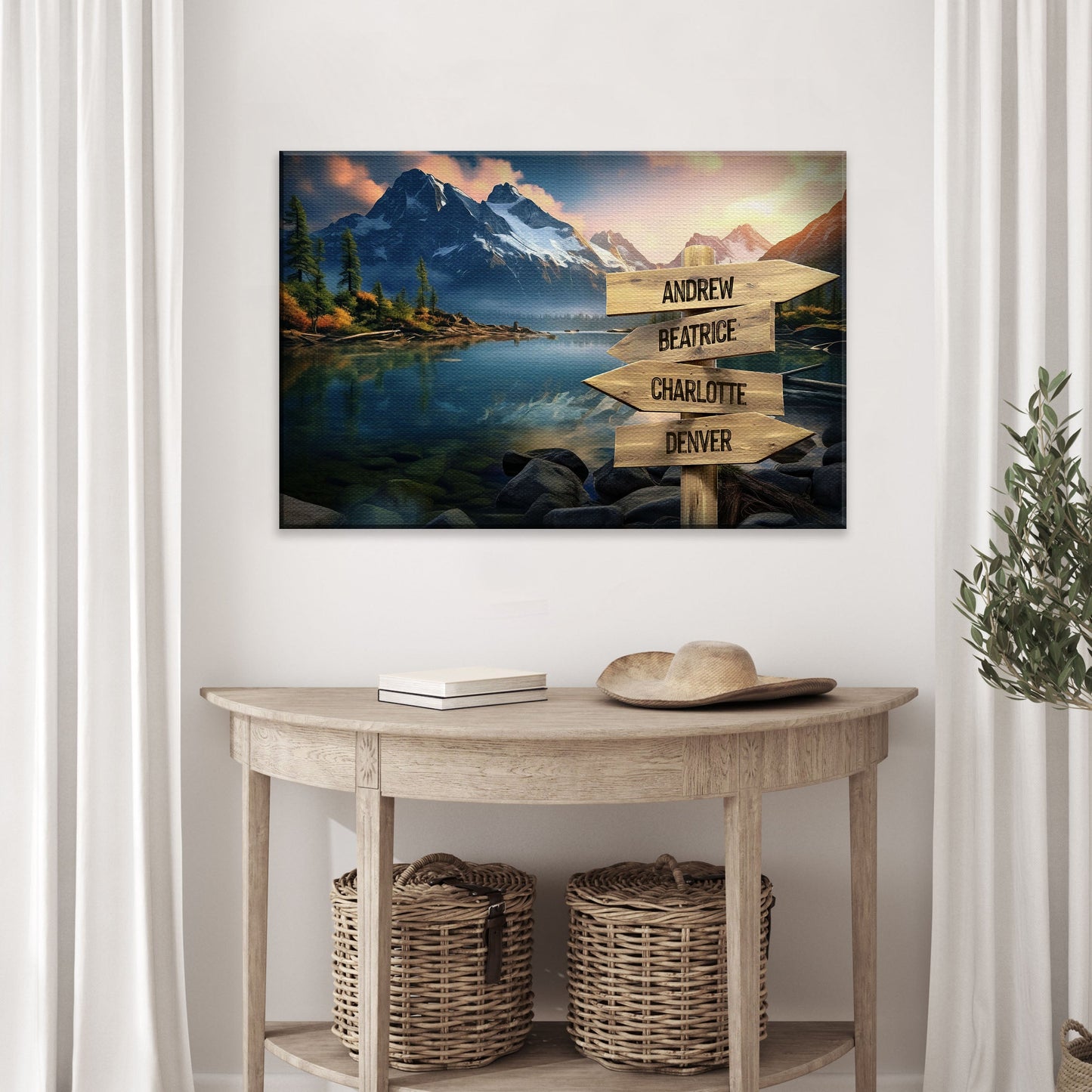 Mountain Sunrise Family Names Sign canvas by Tailored Canvases with wooden arrows near a lake on Tampa Home & Garden Store