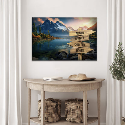 Mountain Sunrise Family Names Sign canvas by Tailored Canvases with wooden arrows near a lake on Tampa Home & Garden Store