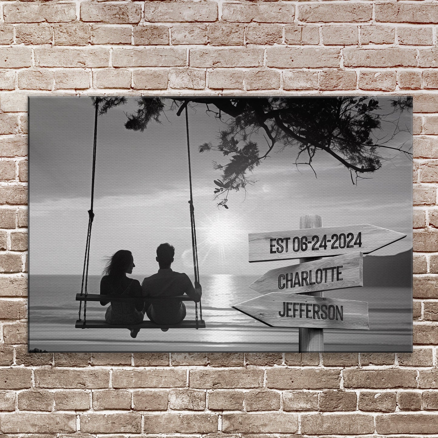Romantic Swing Family Names Sign canvas by Tailored Canvases, couple on seaside swing on Tampa Home & Garden Store