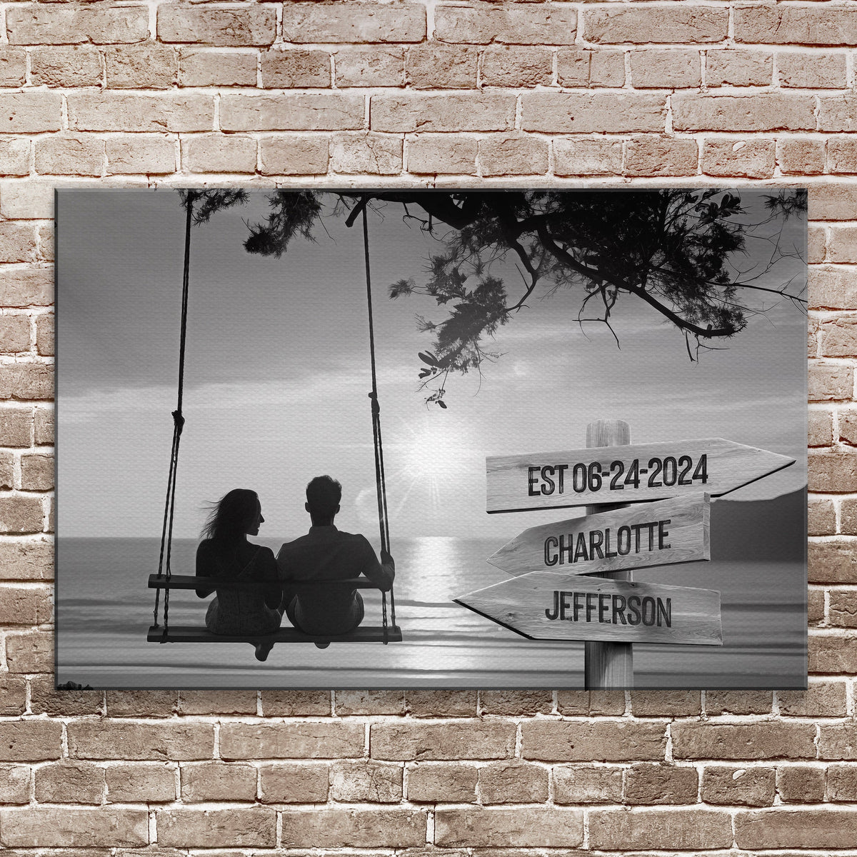 Romantic Swing Family Names Sign canvas by Tailored Canvases, couple on seaside swing on Tampa Home & Garden Store