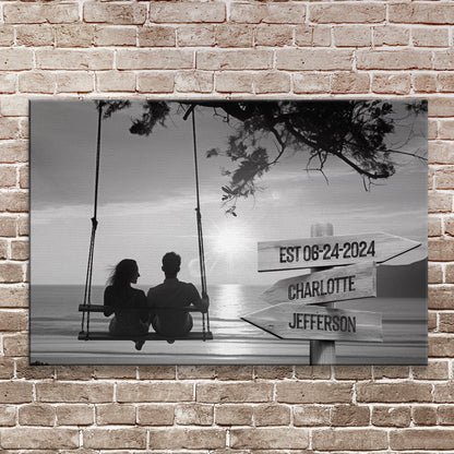Romantic Swing Family Names Sign canvas by Tailored Canvases, couple on seaside swing on Tampa Home & Garden Store
