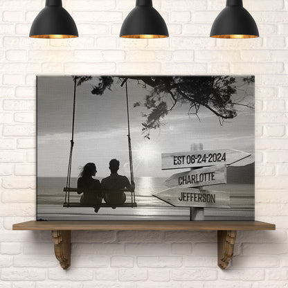 Romantic Swing Family Names Sign canvas Tailored Canvases black-and-white couple on swing on Tampa Home & Garden Store