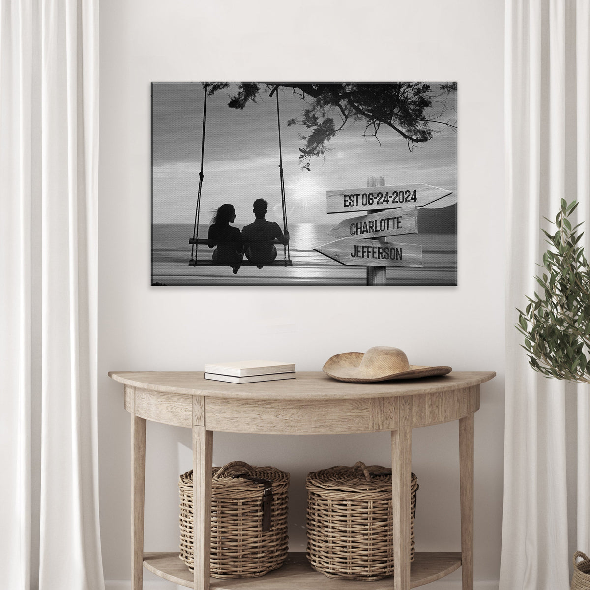Romantic Swing Family Names Sign canvas, couple on seaside swing with Charlotte & Jefferson signs on Tampa Home & Garden Store