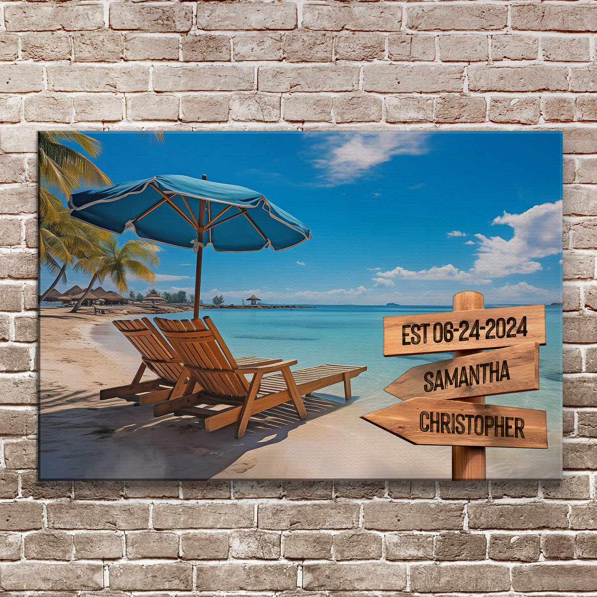 Summer Beach Family Names Sign canvas with Samantha and Christopher on a sunny beach on Tampa Home & Garden Store
