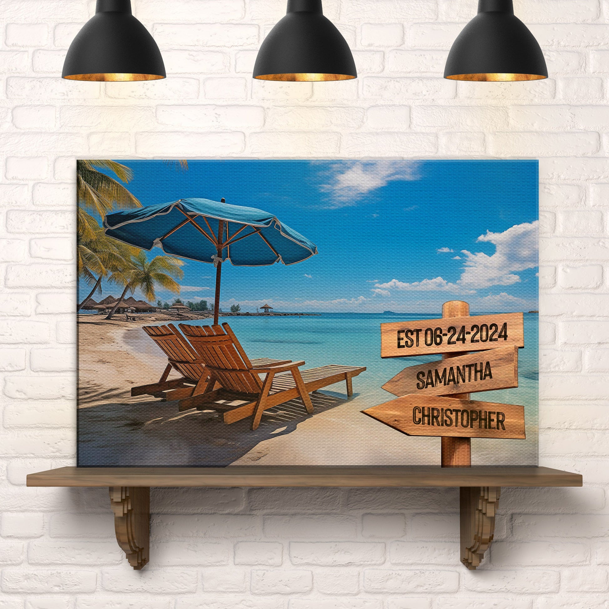 Summer Beach Family Names Sign canvas by Tailored Canvases; beach scene with name boards on Tampa Home & Garden Store