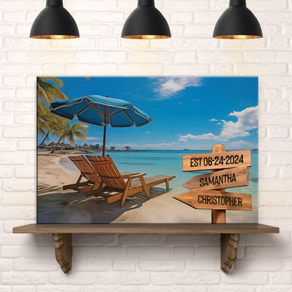 Summer Beach Family Names Sign canvas by Tailored Canvases; beach scene with name boards on Tampa Home & Garden Store