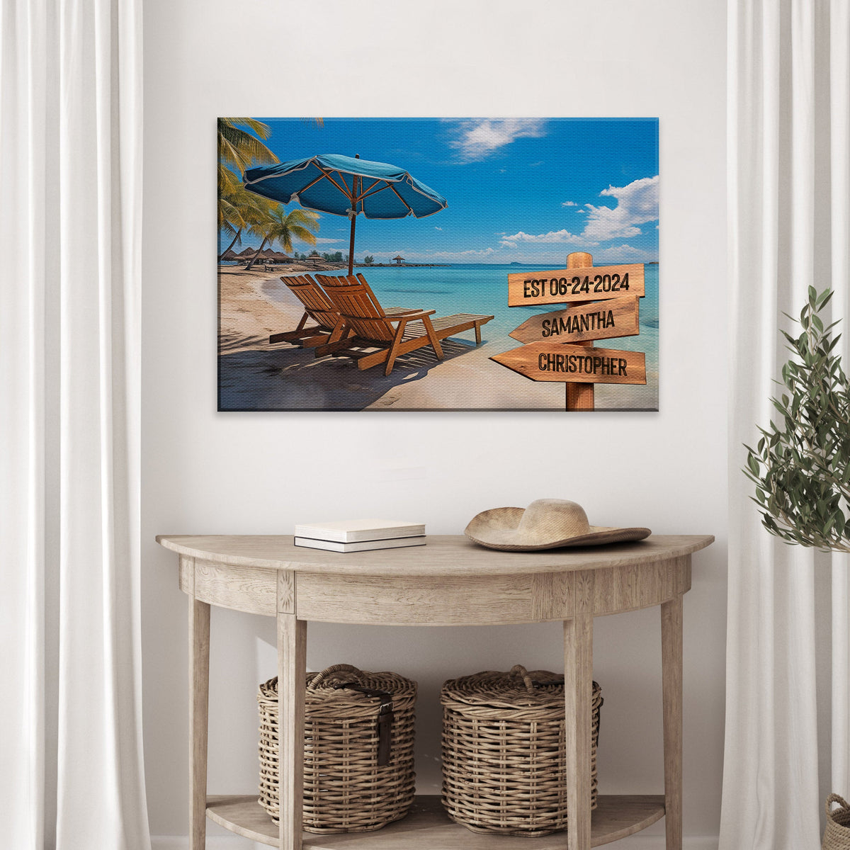 Summer Beach Family Names Sign canvas featuring blue umbrella and wooden sign Tailored Canvases on Tampa Home & Garden Store