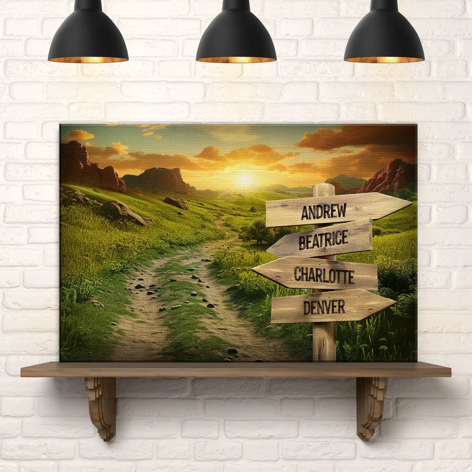 Winding Road Family Names Sign canvas wall art by Tailored Canvases with wooden directional signposts listing names on Tampa Home & Garden Store