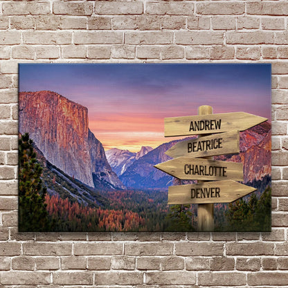 Canvas Yosemite Sunset Sign by Tailored Canvases with canyon scene and four name boards on Tampa Home & Garden Store