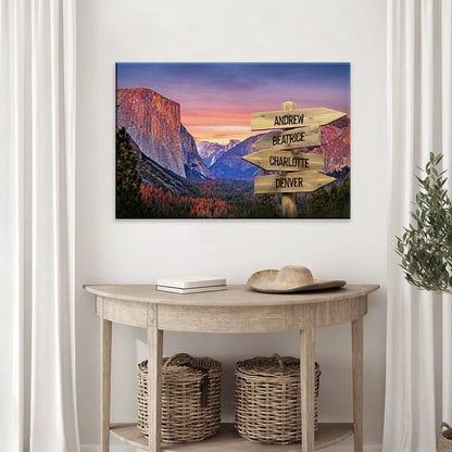 Canvas Yosemite Sunset Names Sign with wooden directional signs Andrew Beatrice Denver Charlotte on Tampa Home & Garden Store