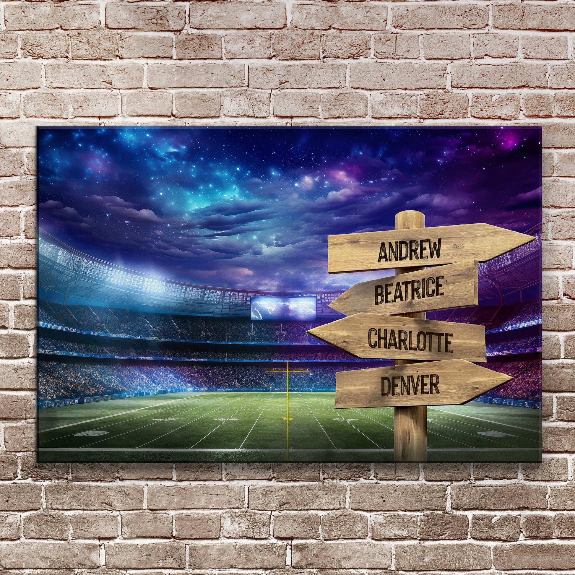 Football Field Family Names Sign canvas featuring 4 wooden name boards on stadium backdrop on Tampa Home & Garden Store