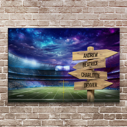Football Field Family Names Sign canvas featuring 4 wooden name boards on stadium backdrop on Tampa Home & Garden Store