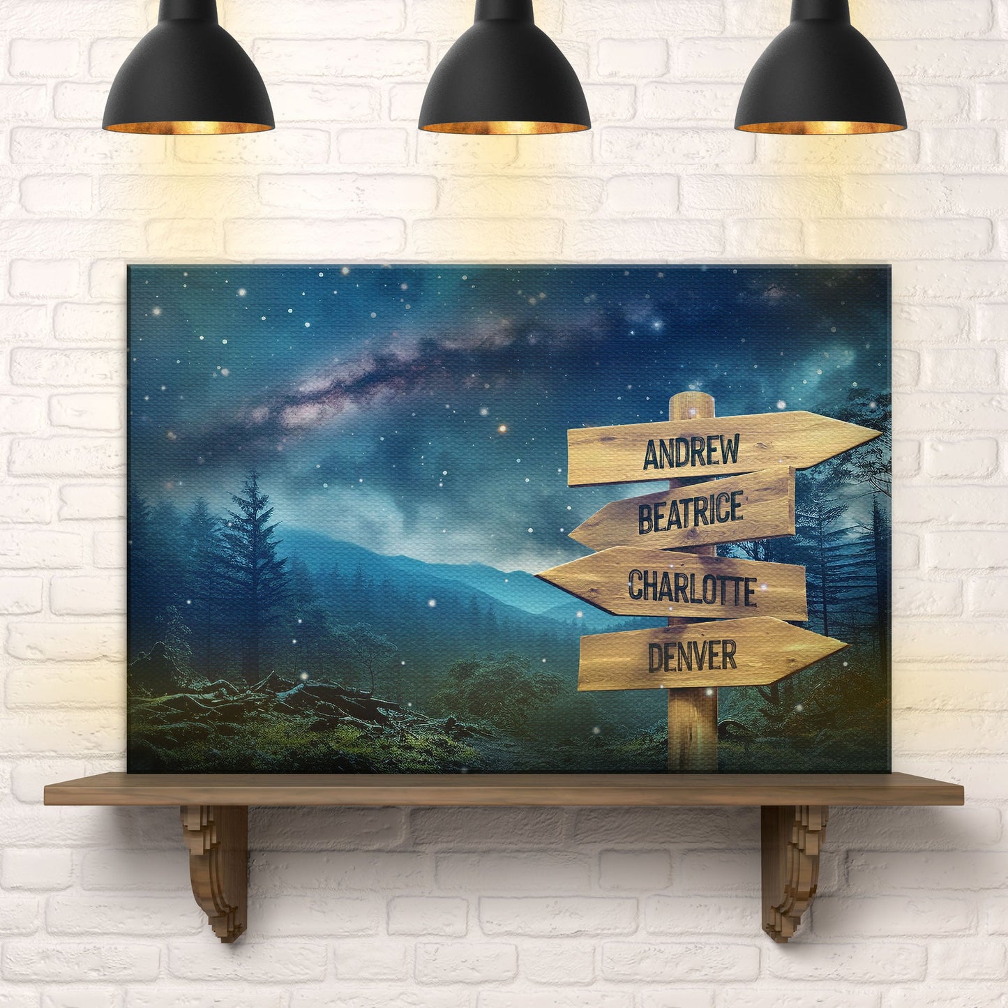Starry Sky Family Names Sign canvas with wooden arrow signs Andrew Beatrice Charlotte on Tampa Home & Garden Store