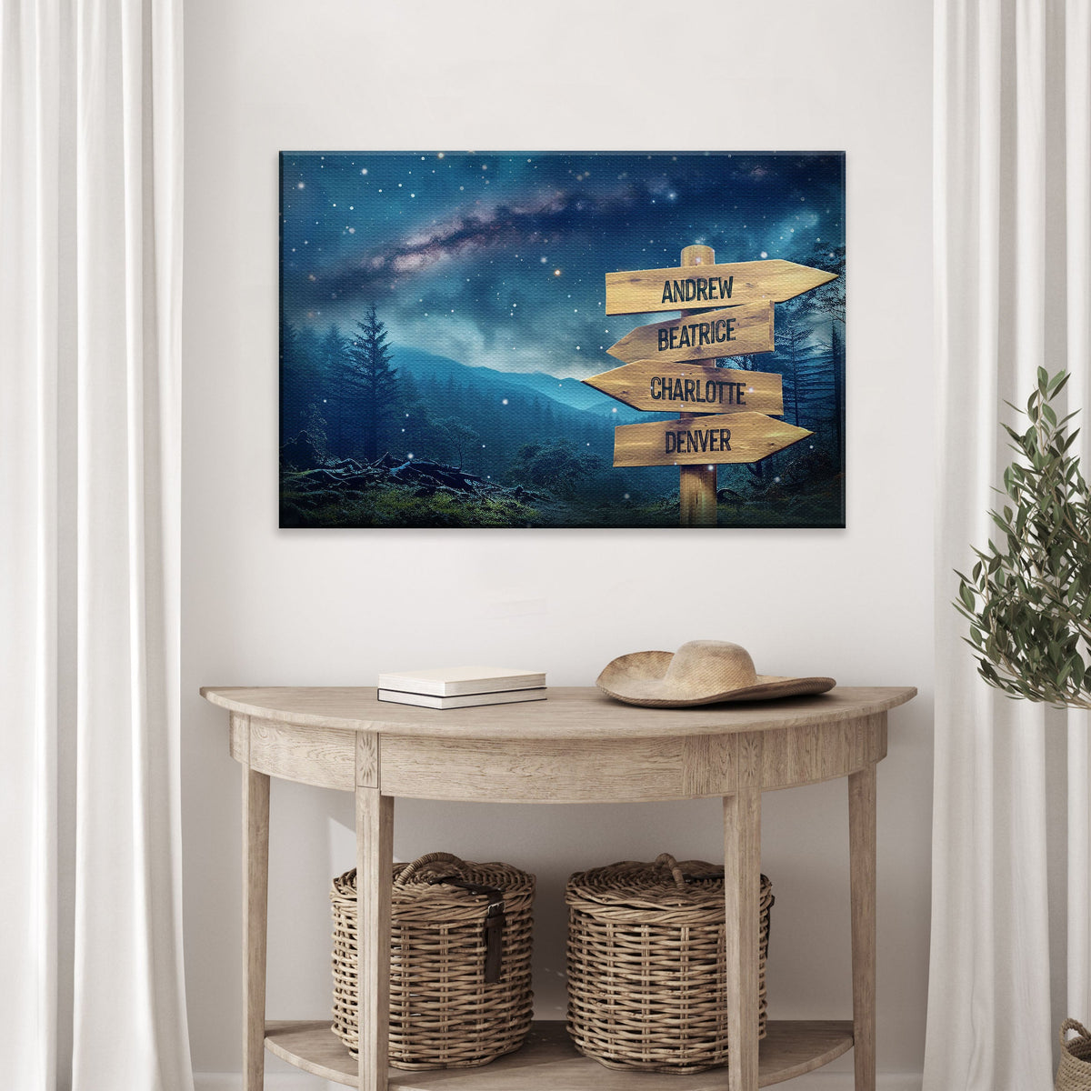 Starry Sky Family Names Sign canvas with wooden arrow signs listing Andrew Beatrice on Tampa Home & Garden Store
