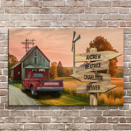 Old Truck Barn Family Names Sign canvas by Tailored Canvases rustic barn scene with red truck on Tampa Home & Garden Store