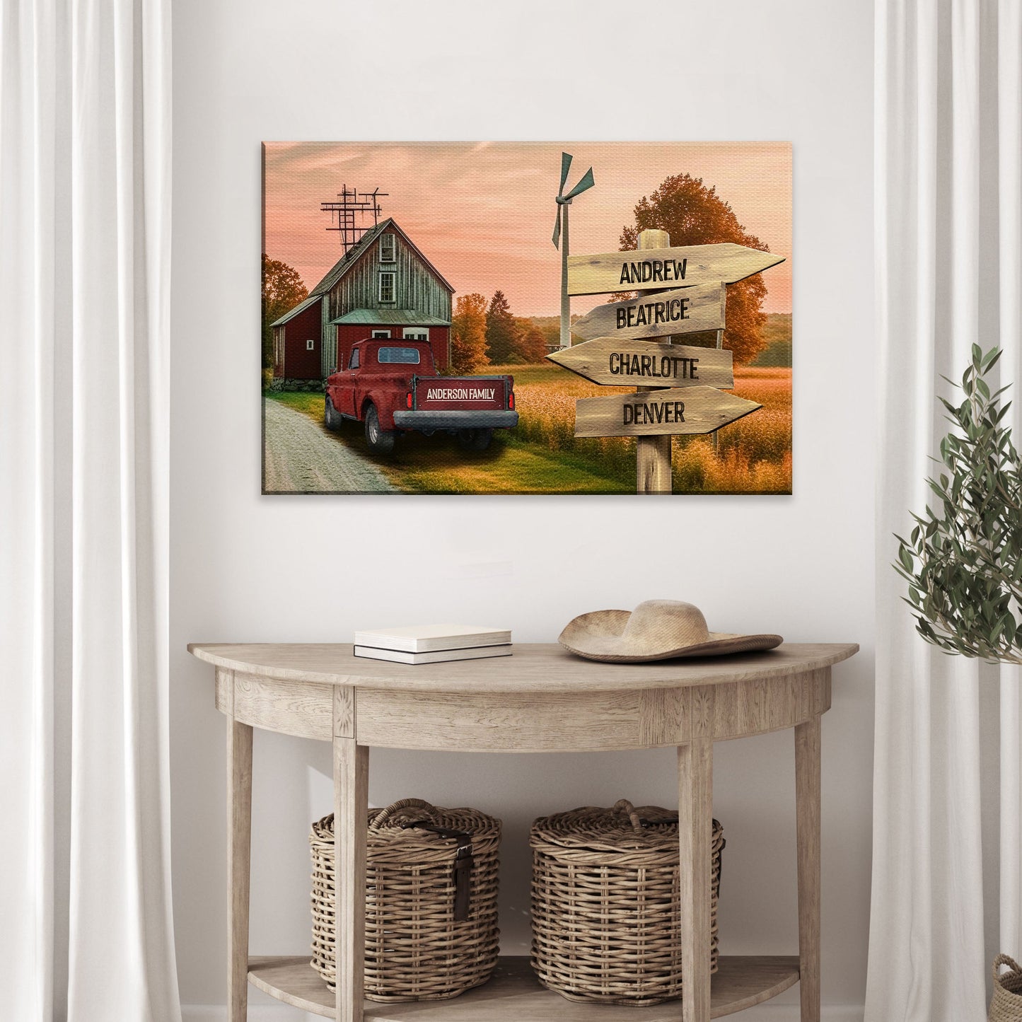 Old Truck Barn Family Names Sign canvas with rustic red truck and wooden arrow signs on Tampa Home & Garden Store