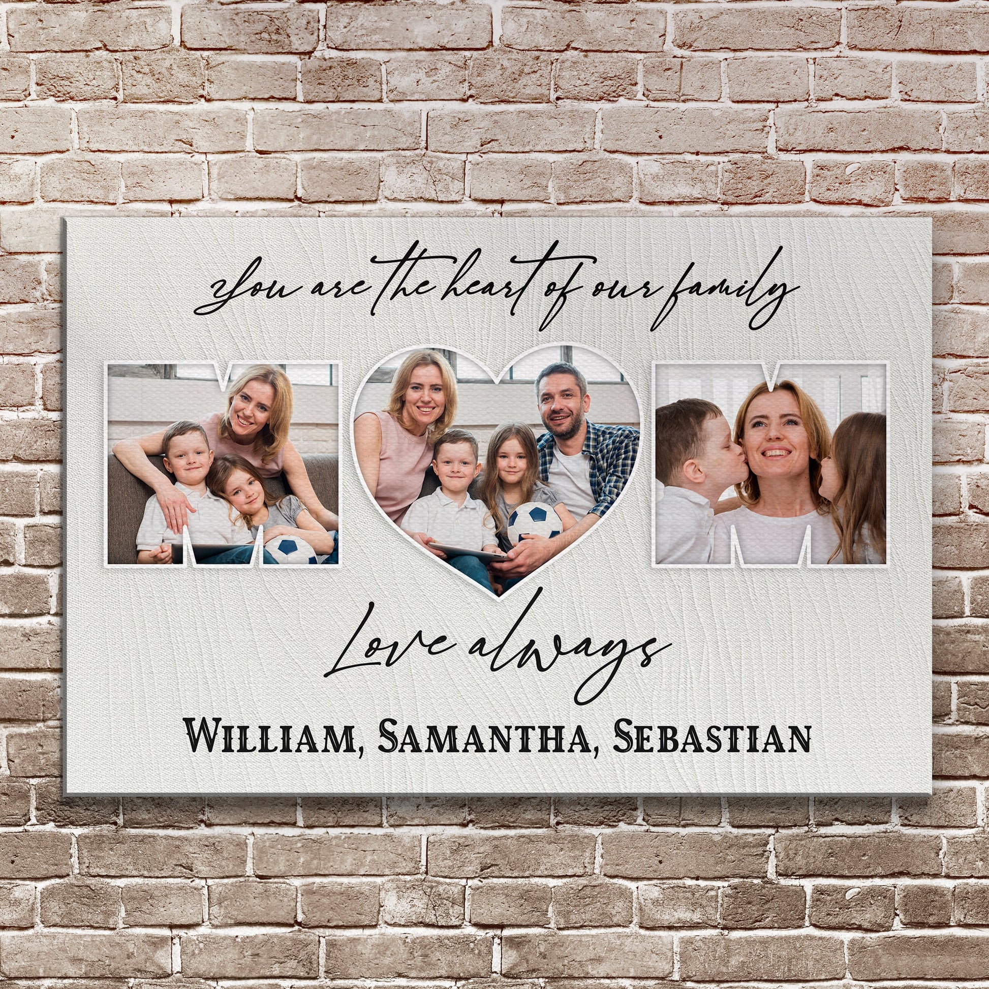Canvas Mother's Day Sign You Are The Heart Of The Family collage in heart frames on wood on Tampa Home & Garden Store