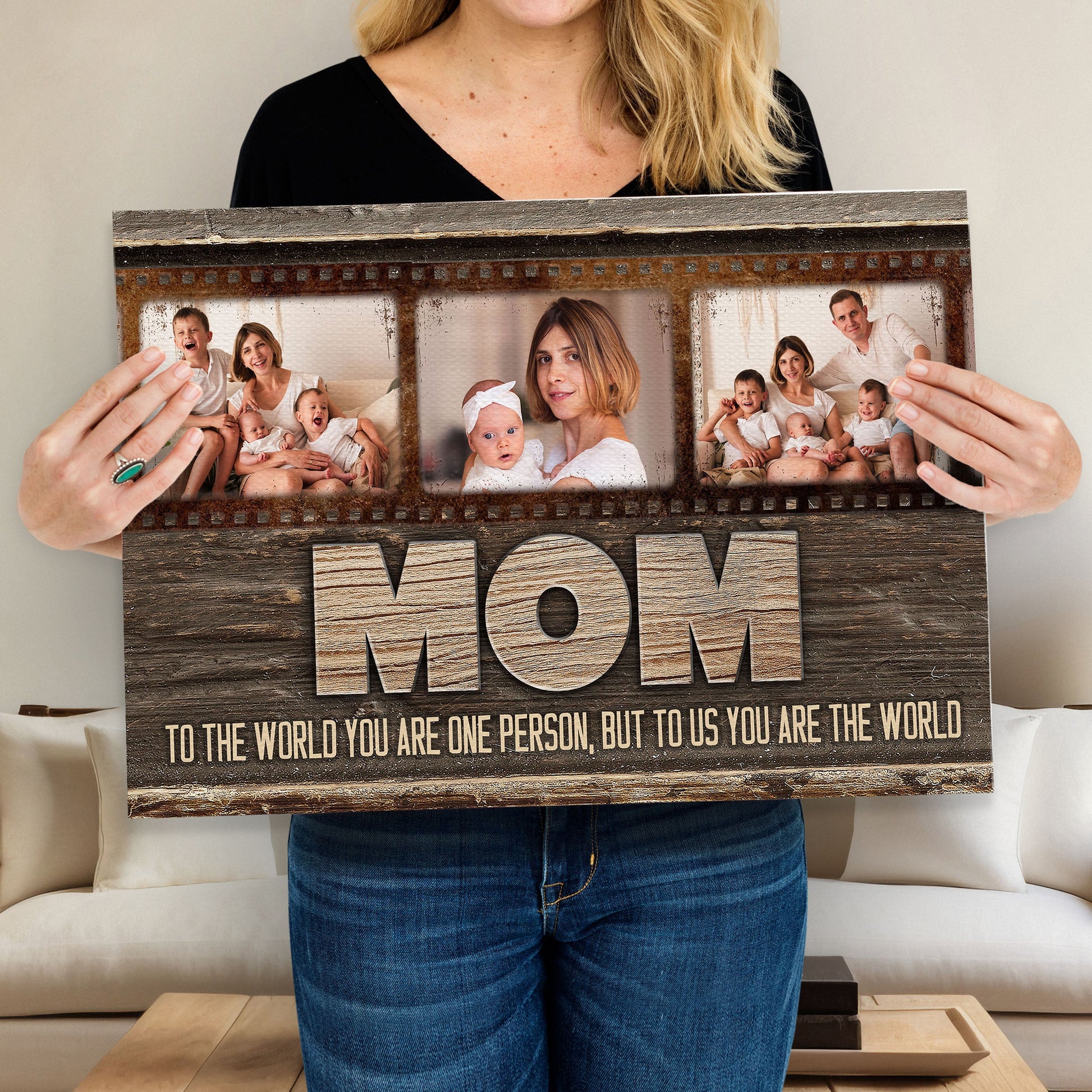 Mother's Day sign crafting canvas by Tailored Canvases with rustic wood frame and MOM lettering on Tampa Home & Garden Store