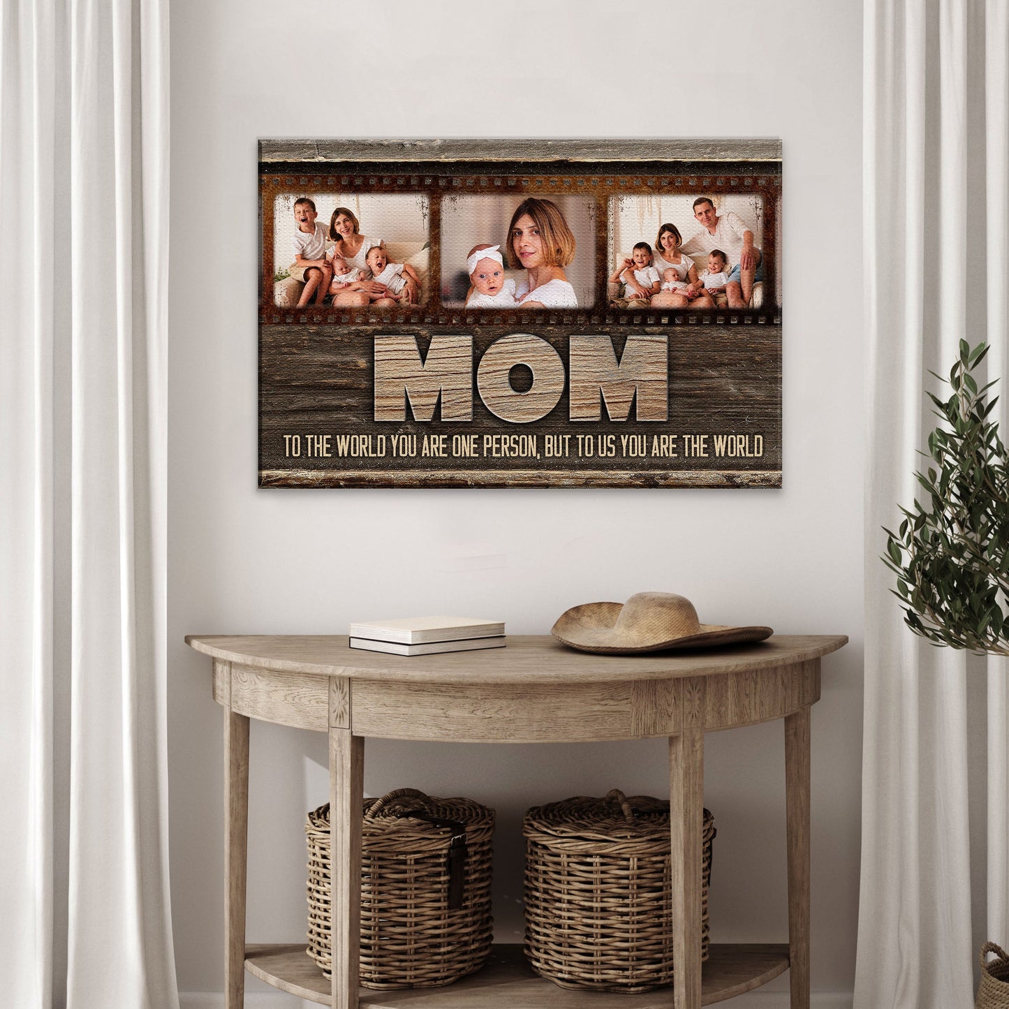 Mother's Day Sign To Us You Are The World canvas with rustic wood finish and photo panels on Tampa Home & Garden Store