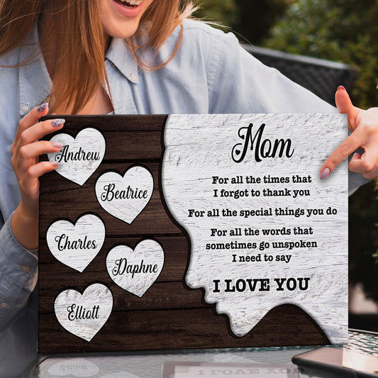 Mother's Day Sign canvas with wood-panel background and heart-name plaques on Tampa Home & Garden Store