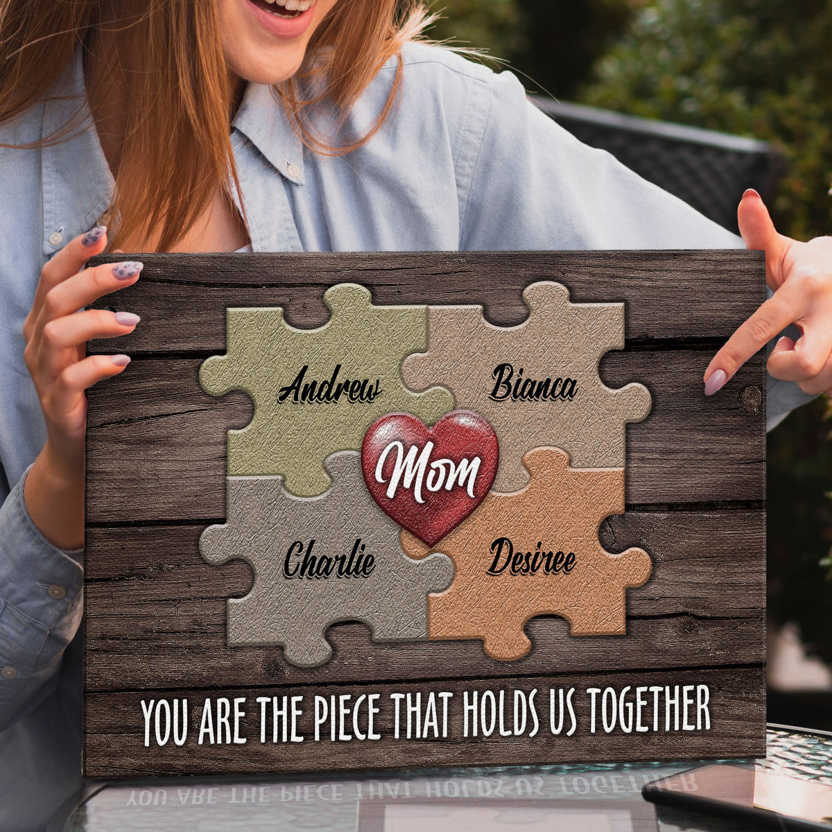 Mother's Day canvas puzzle sign with interlocking pieces and Mom heart, names Andrew on wood on Tampa Home & Garden Store