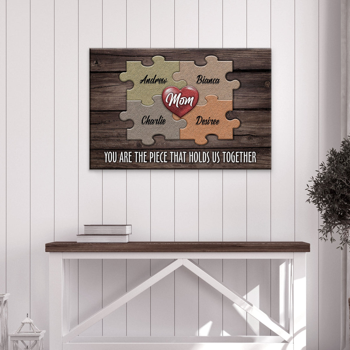 Mother's Day Sign canvas by Tailored Canvases with puzzle-piece Mom heart on wood backdrop on Tampa Home & Garden Store
