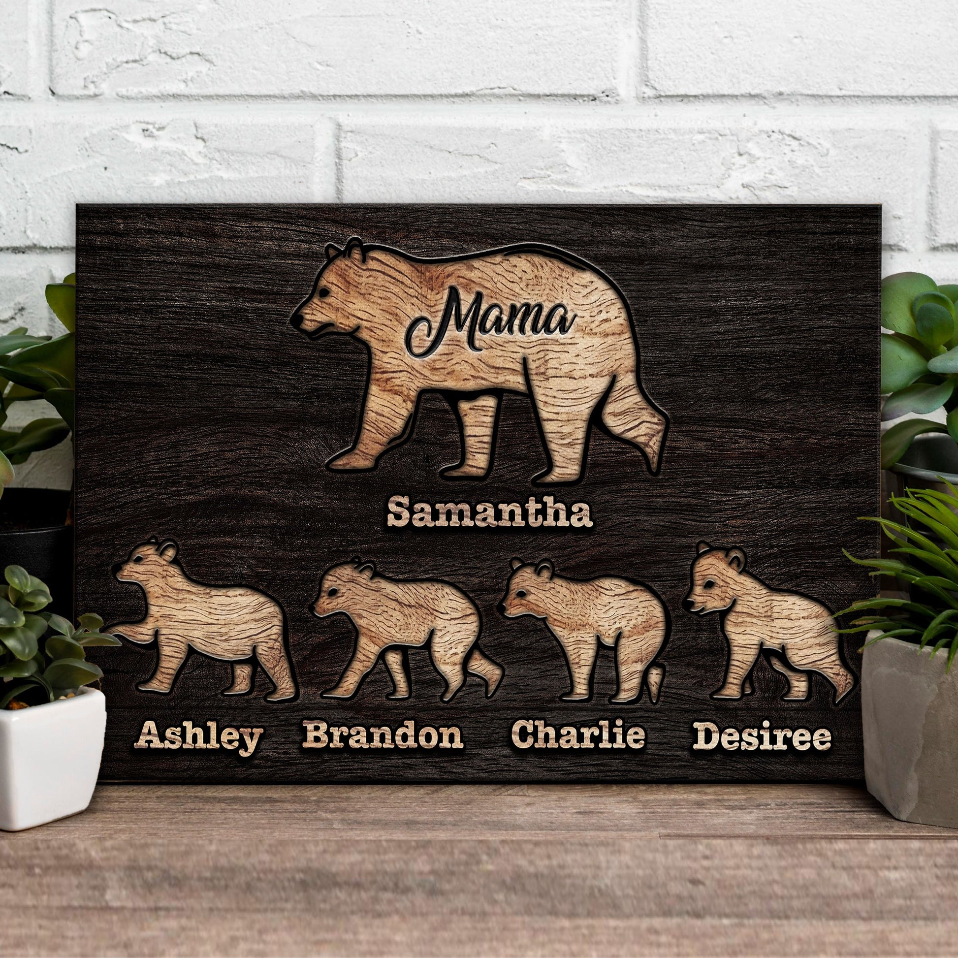 Mother's Day Sign canvas artwork featuring a mother bear with cubs on dark wood with names on Tampa Home & Garden Store