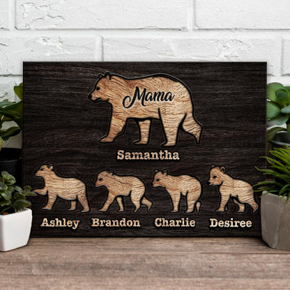 Mother's Day Sign canvas artwork featuring a mother bear with cubs on dark wood with names on Tampa Home & Garden Store