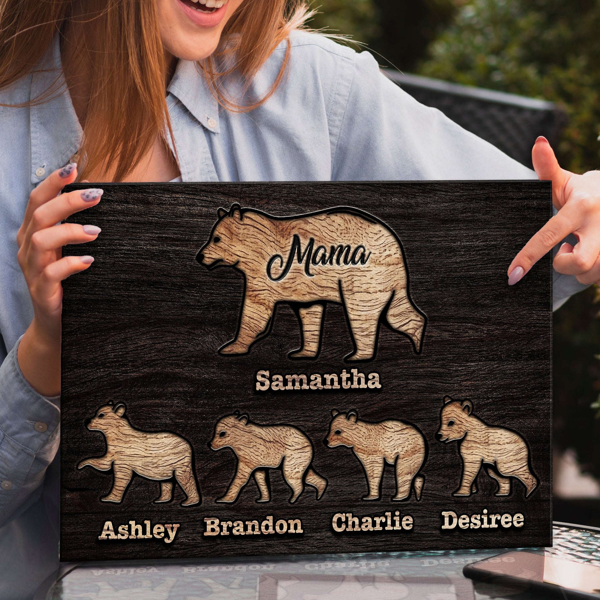 Mother's Day Sign Mother Bear and Cubs canvas with woodgrain texture and cub names Tailored Canvases on Tampa Home & Garden Store