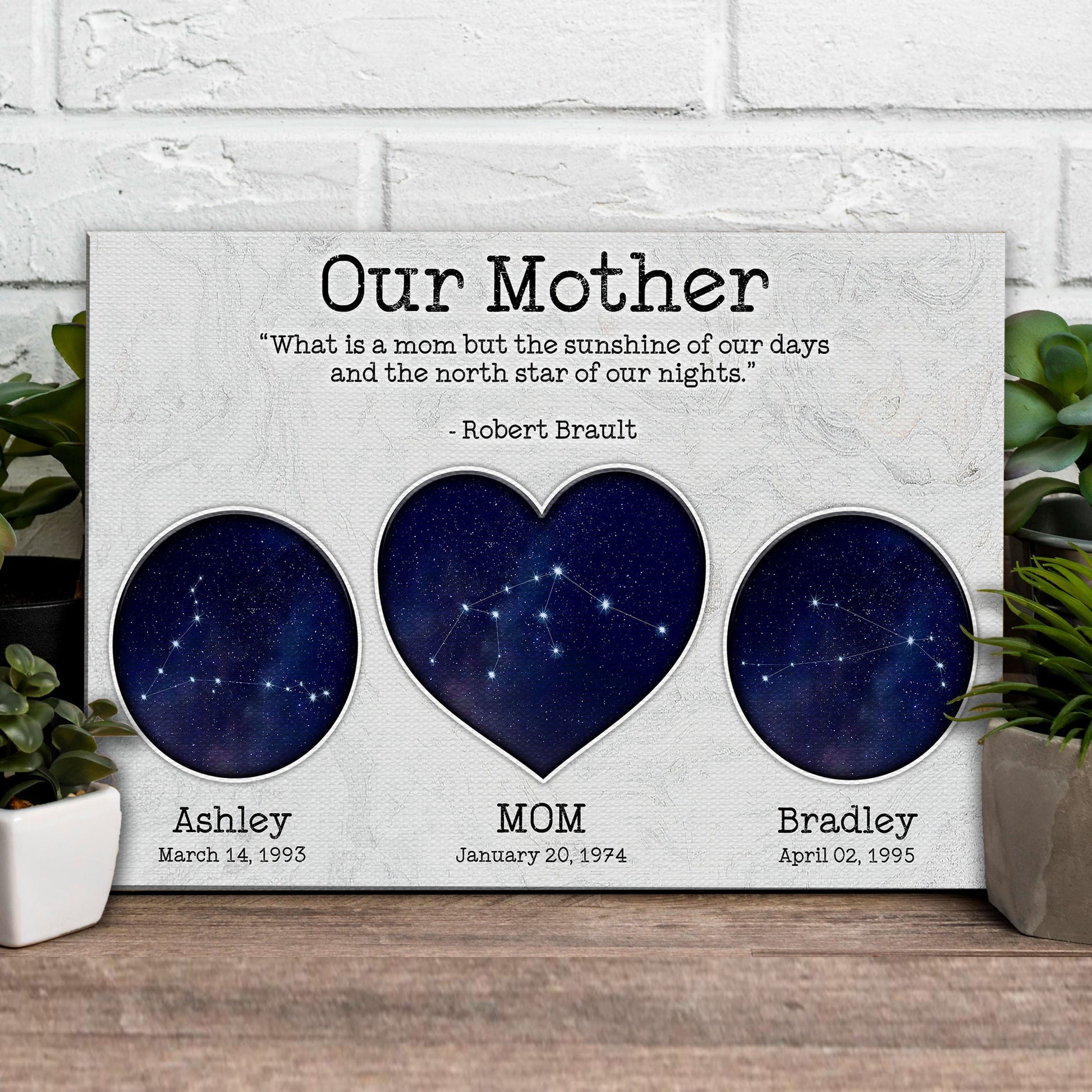 Mother's Day sign canvas by Tailored Canvases with Our Mother typography and starry night circles on Tampa Home & Garden Store