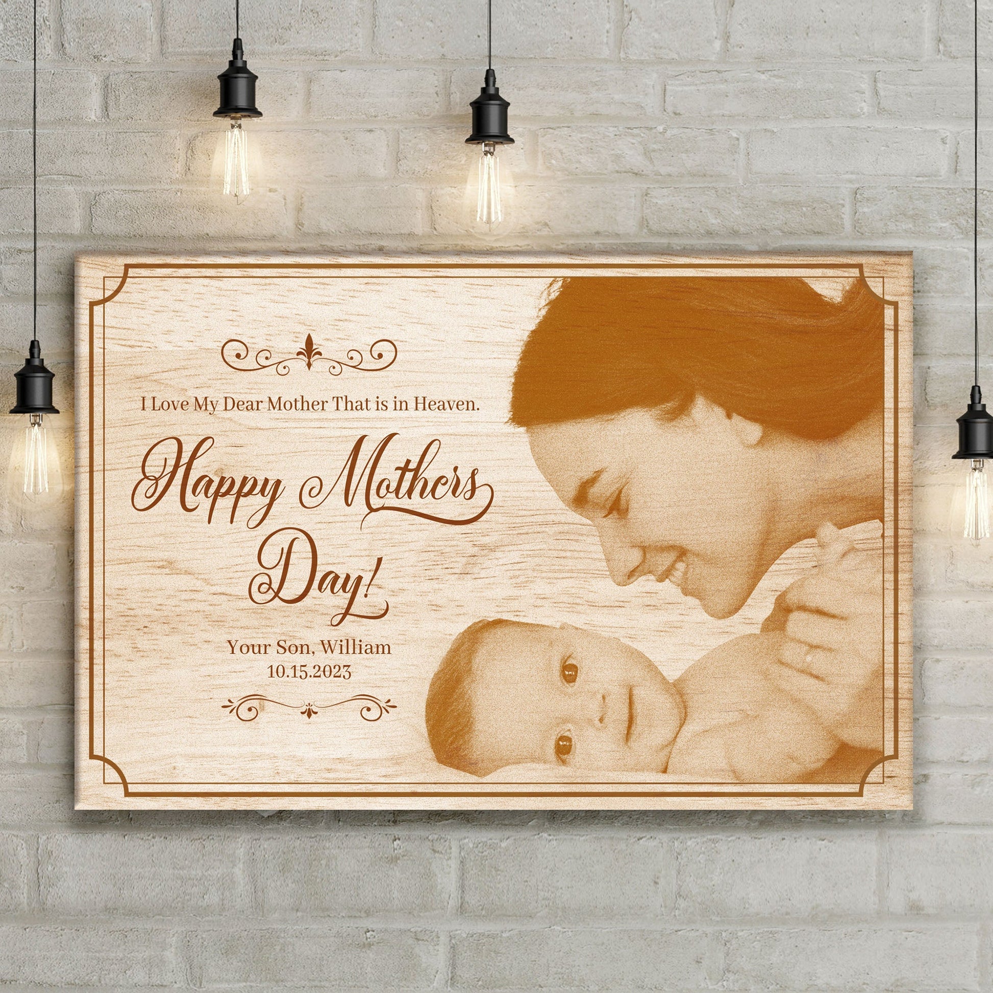 Canvas Dear Mother In Heaven sign with brown script and child portrait Tailored Canvases on Tampa Home & Garden Store