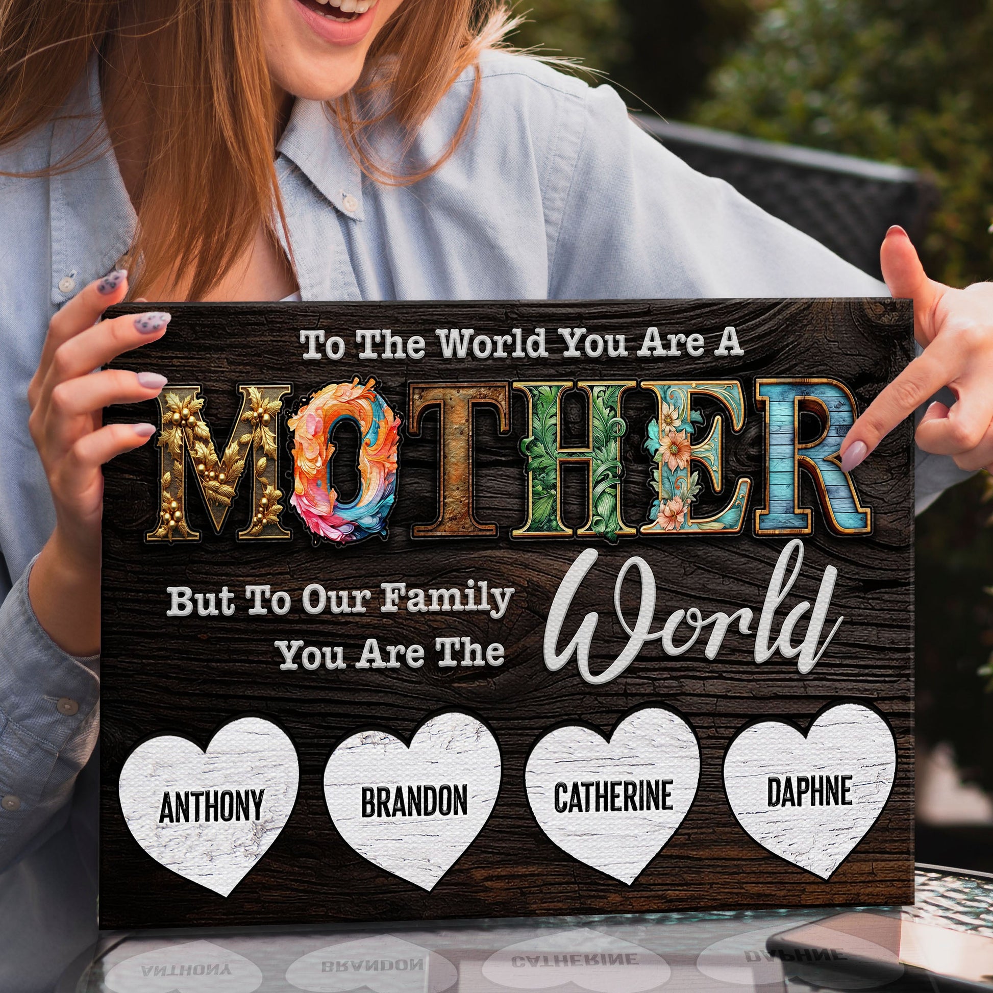 Tailored Canvases Mother's Day canvas sign with To The World You Are The World and names on Tampa Home & Garden Store