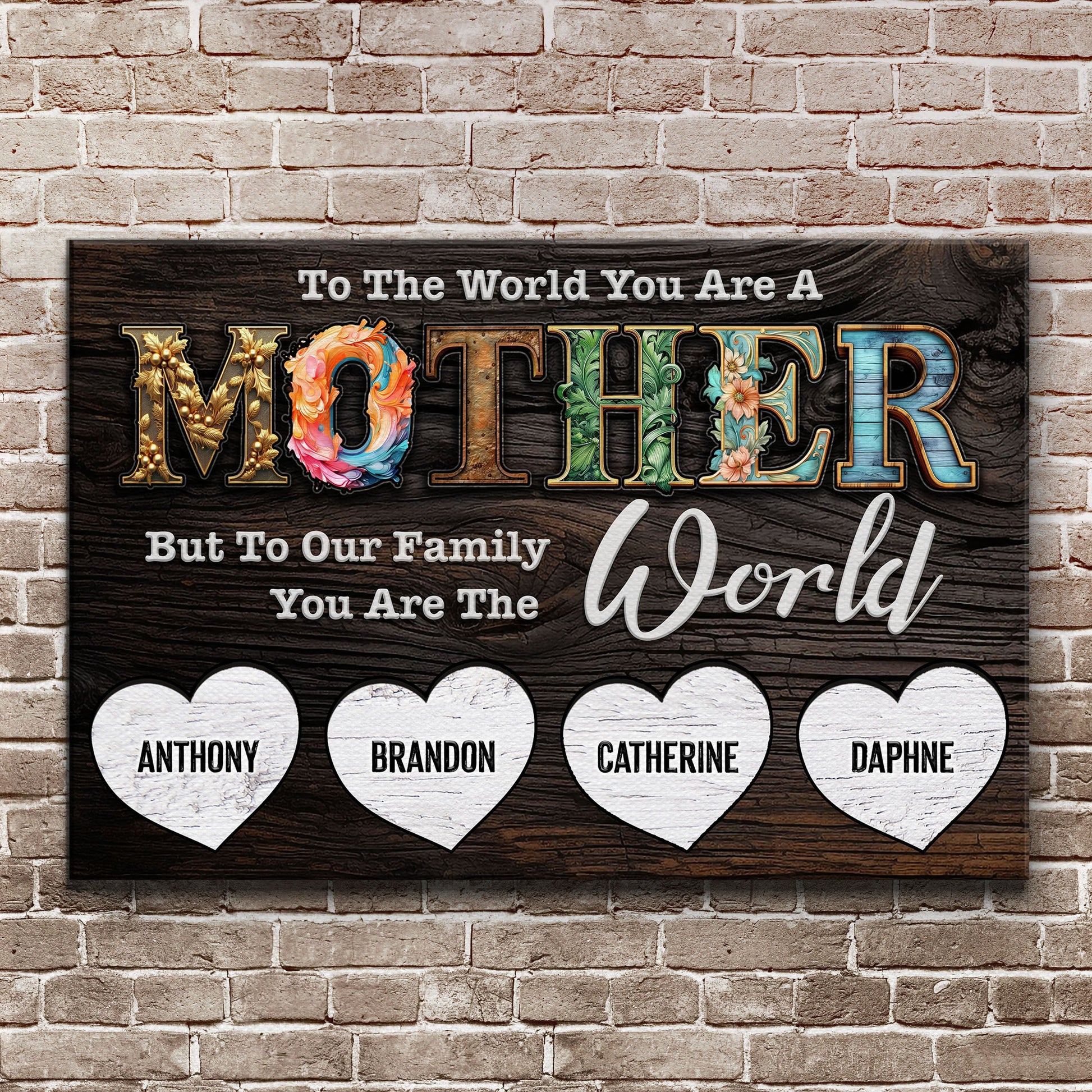 Canvas crafting sign with ornate floral MOTHER lettering on dark wood panel against a brick wall on Tampa Home & Garden Store