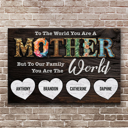 Canvas crafting sign with ornate floral MOTHER lettering on dark wood panel against a brick wall on Tampa Home & Garden Store