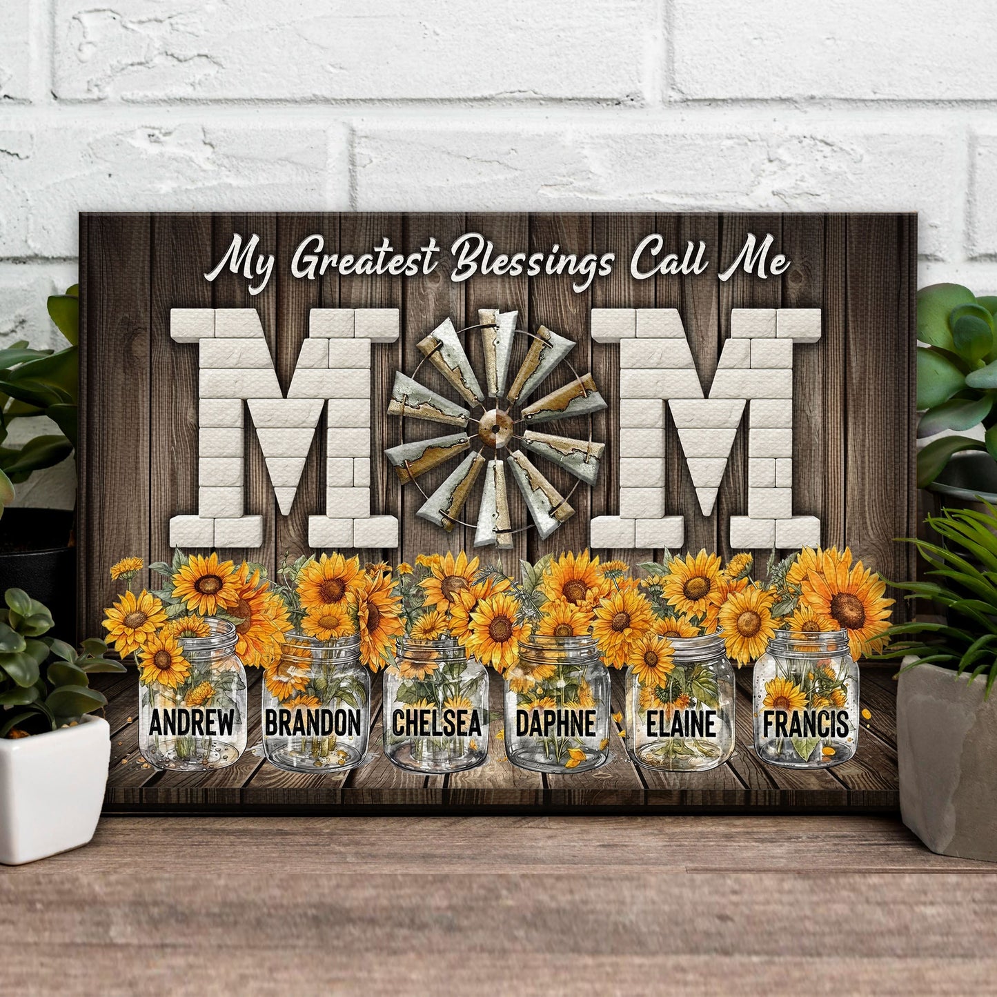 Tailored Canvases canvas sign My Greatest Blessings Call Me Mom on wood with sunflowers in jars on Tampa Home & Garden Store