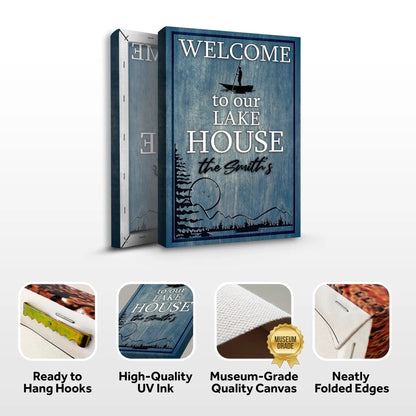 Canvas sign Welcome To Our Lake House by Tailored Canvases, blue frame with white lettering on Tampa Home & Garden Store