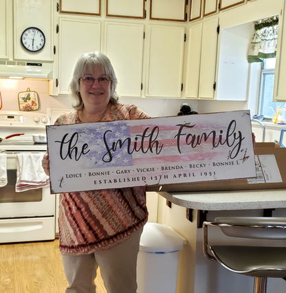 Family Sign II canvas by Tailored Canvases with The Smith Family on patriotic flag background on Tampa Home & Garden Store