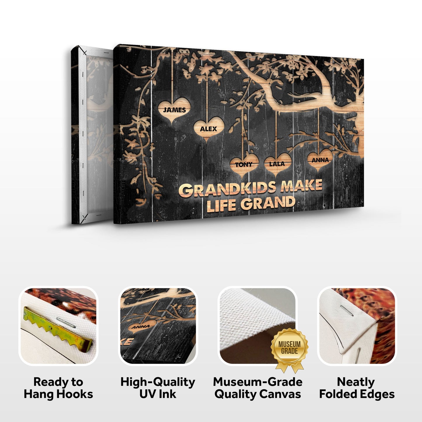 Grandkids Make Life Grand Sign II canvas wall art with five heart-name plaques on wood on Tampa Home & Garden Store