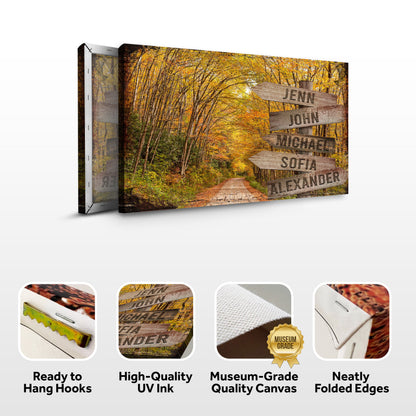 Autumn Road Family Name Sign canvas by Tailored Canvases, forest path with name planks on Tampa Home & Garden Store
