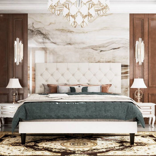 Queen White Faux Leather Upholstered Platform Bed with Button-Tufted Headboard - Tampa Home & Garden Store