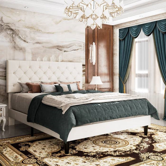 Queen White Faux Leather Upholstered Platform Bed with Button-Tufted Headboard - Tampa Home & Garden Store