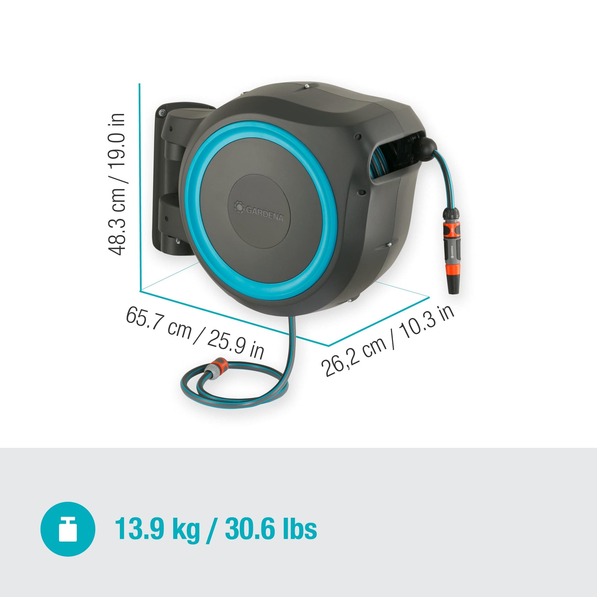Wall-Mounted Hose Box RollUp XL with 35m hose, grey housing and teal trim by Gardena on Tampa Home & Garden Store