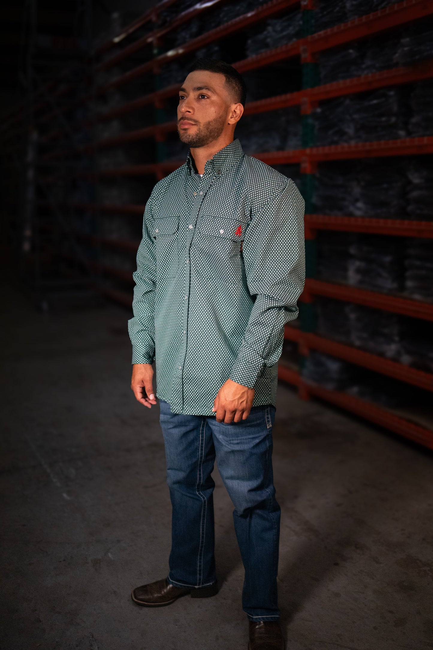 FR Pearl Snap Work Shirt Gunner Green by Static FR, protective workwear on Tampa Home & Garden Store