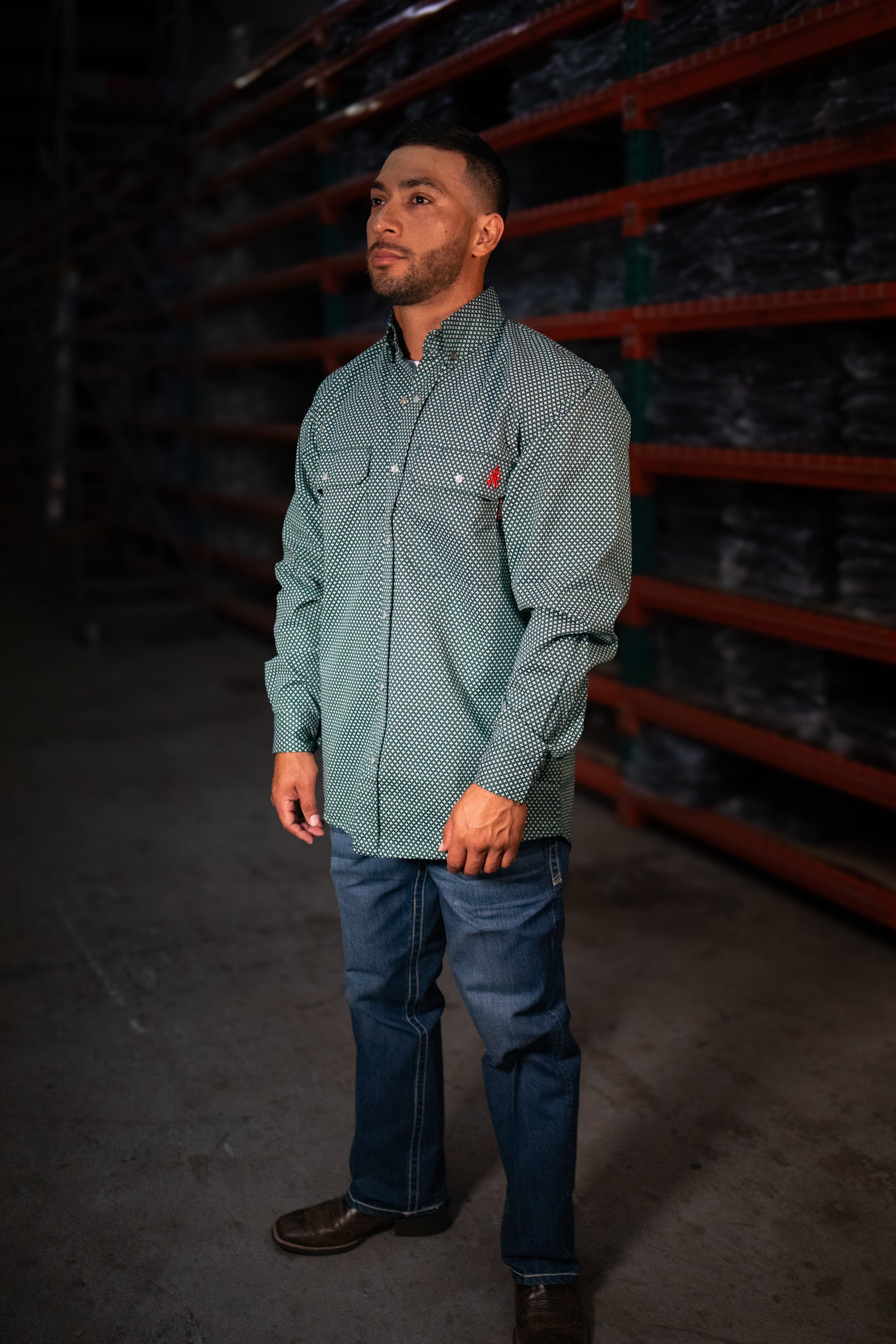 FR Pearl Snap Work Shirt Gunner Green by Static FR, protective workwear on Tampa Home & Garden Store
