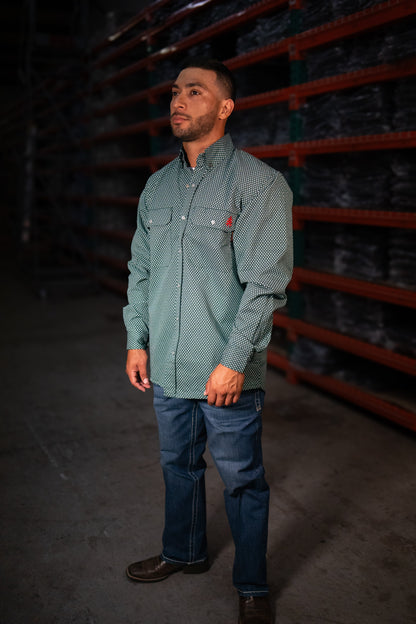 FR Pearl Snap Work Shirt Gunner Green by Static FR, protective workwear on Tampa Home & Garden Store