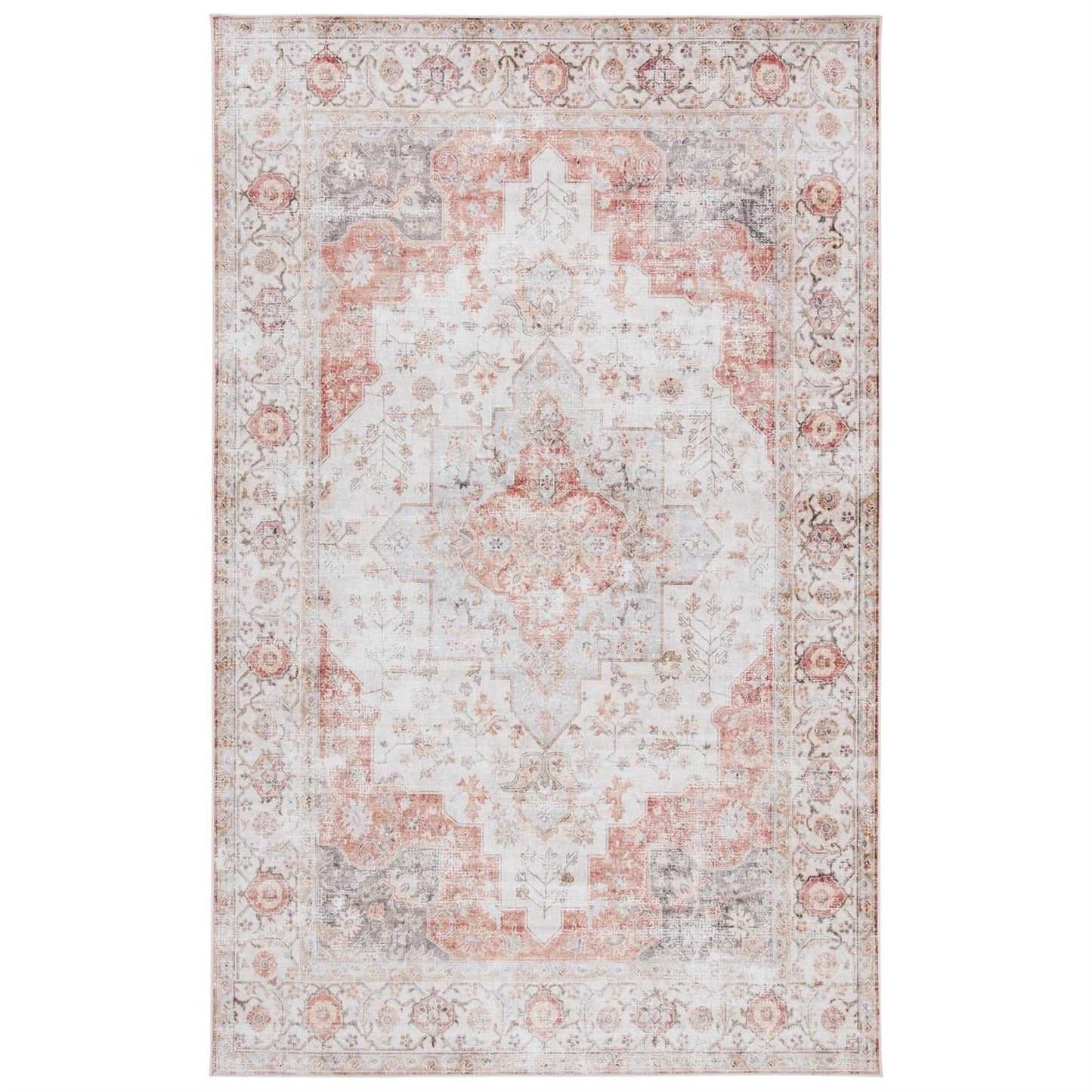 Alfombra de salón lavable estilo persa tradicional bohemio gris claro y rojo, de 1,5 m x 2,4 m