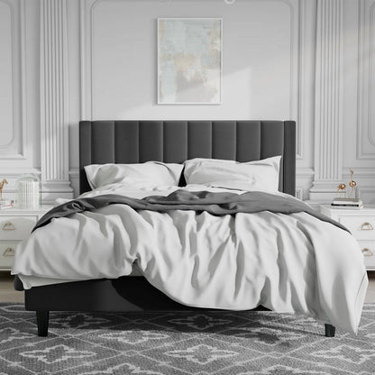 Estructura de cama plataforma tapizada en terciopelo negro tamaño completo con cabecero