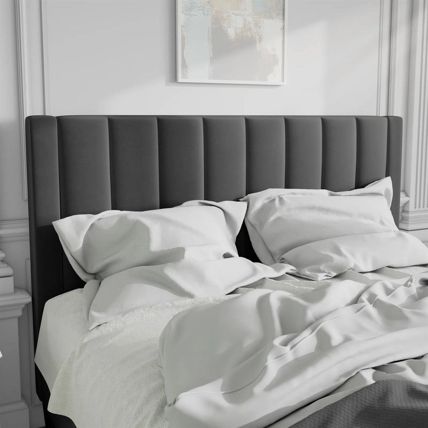 Estructura de cama plataforma tapizada en terciopelo negro tamaño completo con cabecero