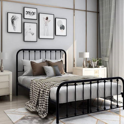 Estructura de cama metálica clásica negra de tamaño completo con cabecero y piecero de listones